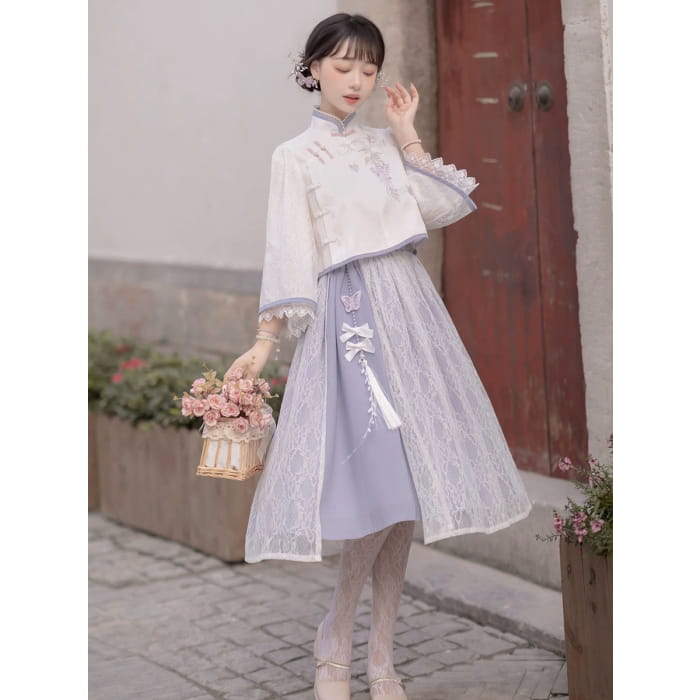 Elegant Purple Floral Cheongsam - Female Hanfu