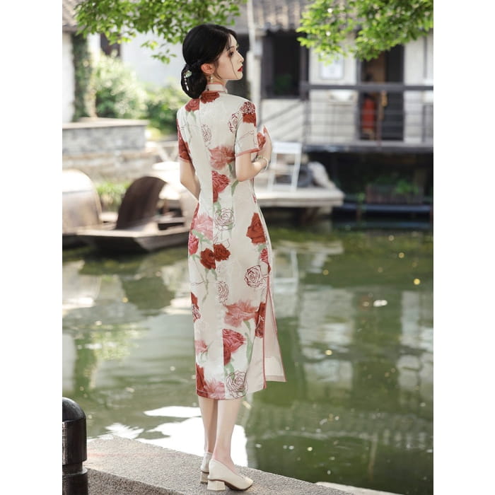 Elegant Rose Cheongsam Dress - Female Hanfu