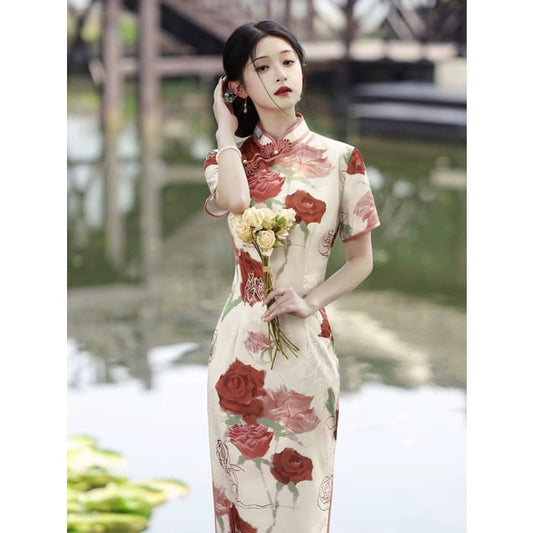 Elegant Rose Cheongsam Dress - M - Female Hanfu