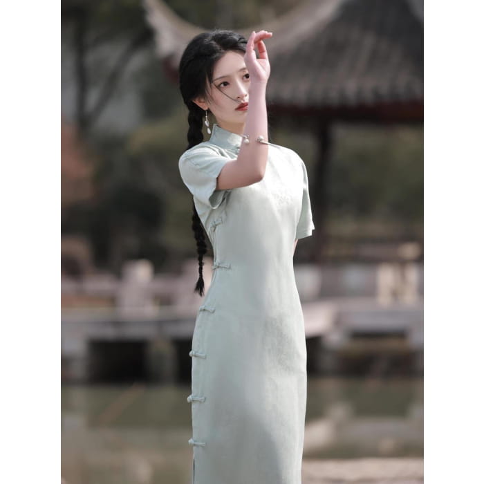 Elegant Satin Short Sleeve Cheongsam - Female Hanfu