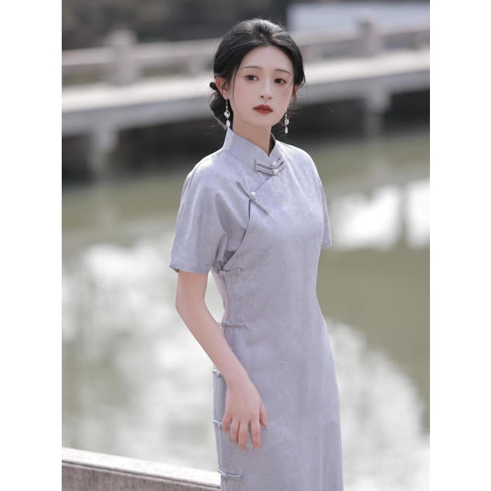 Elegant Satin Short Sleeve Cheongsam - Female Hanfu