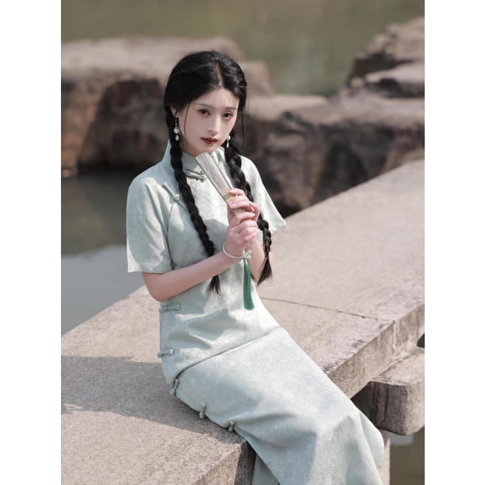 Elegant Satin Short Sleeve Cheongsam - Female Hanfu