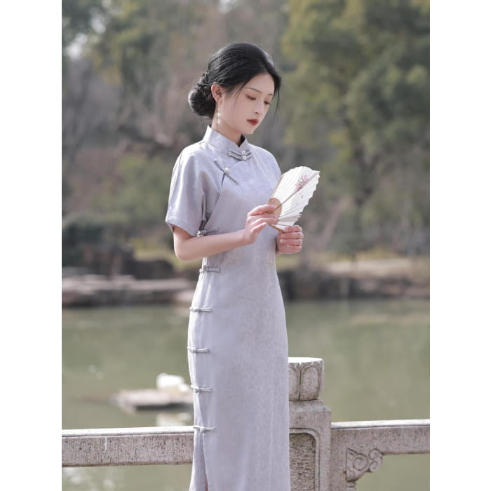 Elegant Satin Short Sleeve Cheongsam - S / Purple - Female