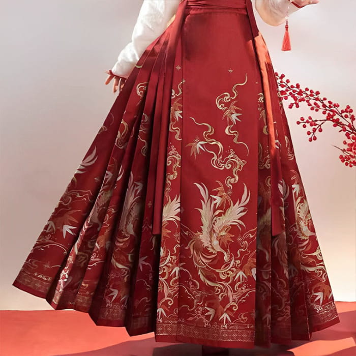 Elegant Shirt High Waist Print Pleated Skirt - Red / M