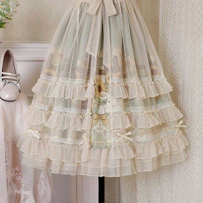 Elegant Sunflower Bunny Print Bow Lolita Lace-up Slip Dress