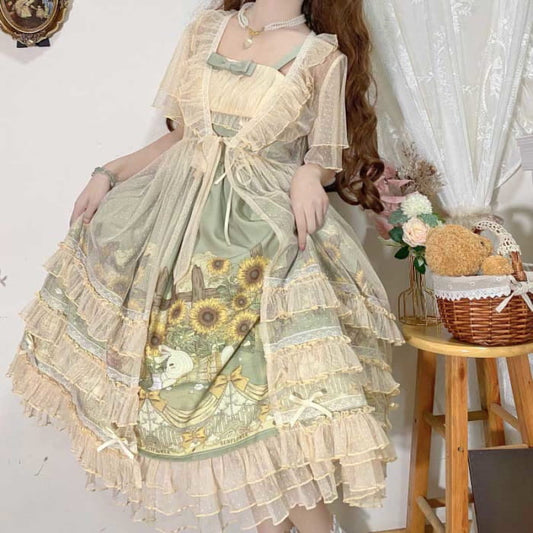 Sunflower Bunny Print Bow Lolita Lace-up Slip Dress