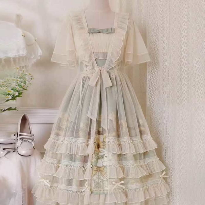 Elegant Sunflower Bunny Print Bow Lolita Lace-up Slip Dress