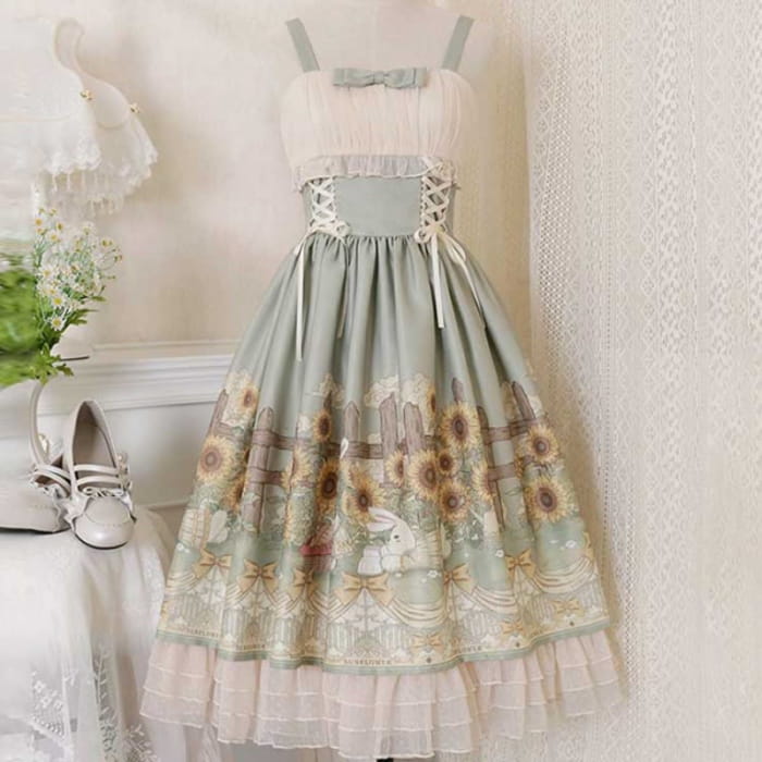 Sunflower Bunny Print Bow Lolita Lace-up Slip Dress
