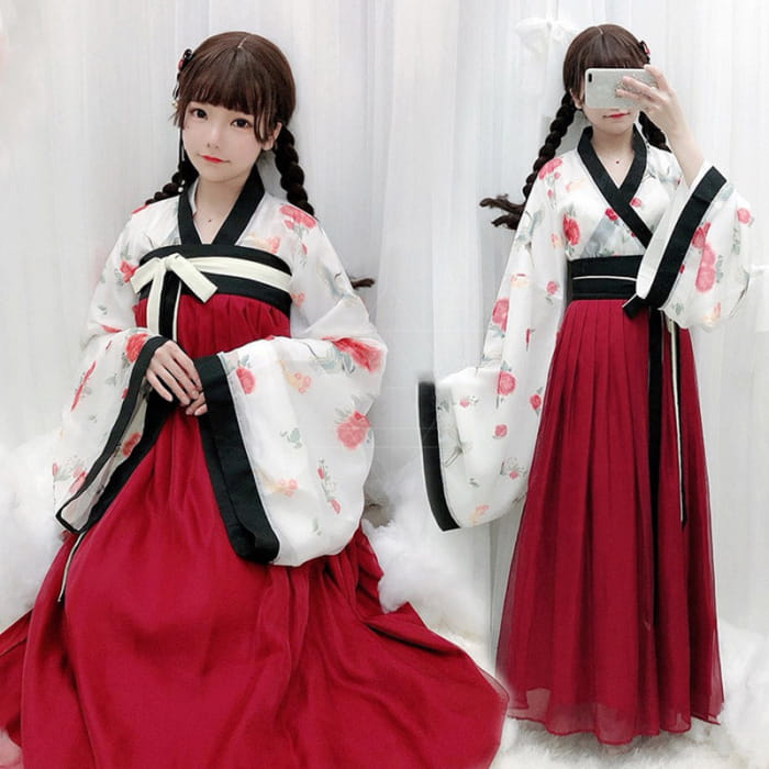 Elegant V-Neck Floral Print Top Skirt Kimono Set