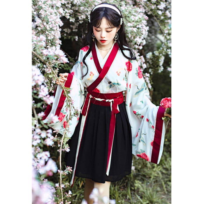 Elegant V-Neck Floral Print Top Skirt Kimono Set
