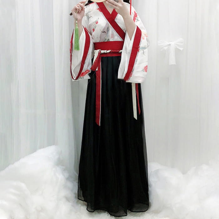 Elegant V-Neck Floral Print Top Skirt Kimono Set - Black