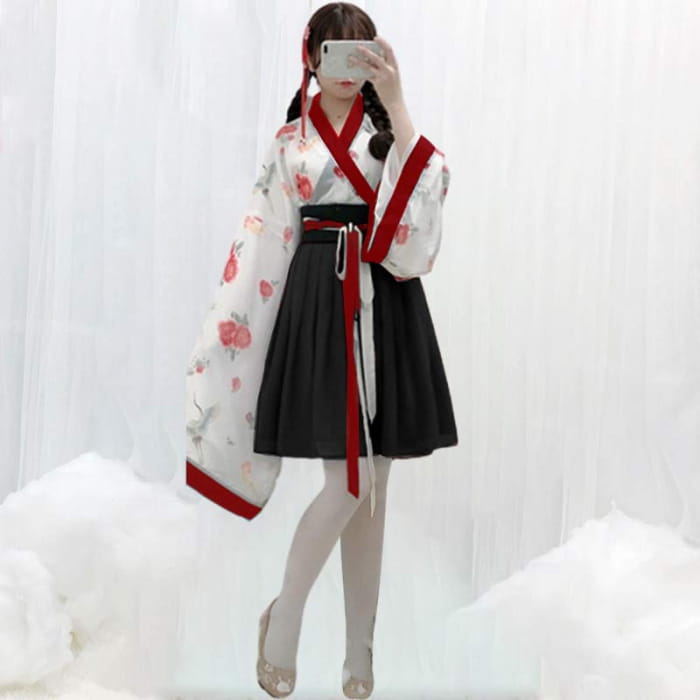 Elegant V-Neck Floral Print Top Skirt Kimono Set - Black