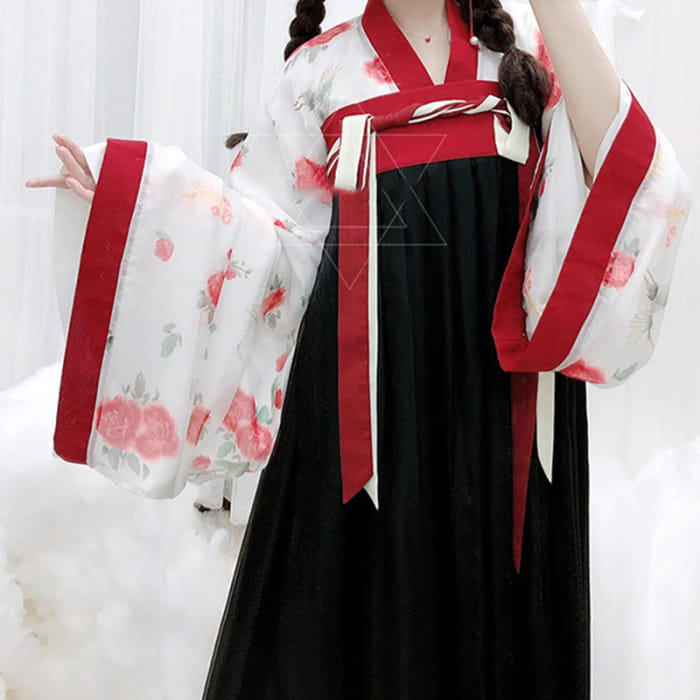 Elegant V-Neck Floral Print Top Skirt Kimono Set - Red