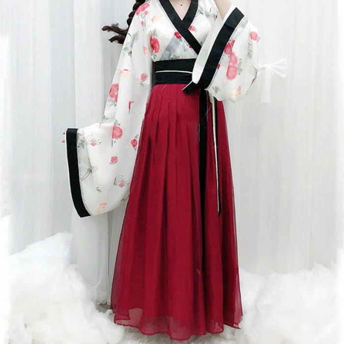 Elegant V-Neck Floral Print Top Skirt Kimono Set - Red Long