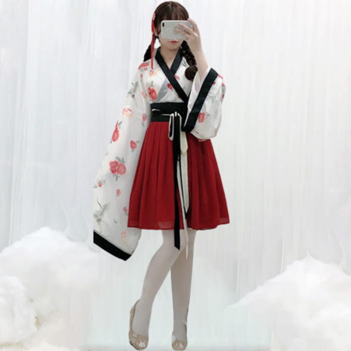 Elegant V-Neck Floral Print Top Skirt Kimono Set - Red