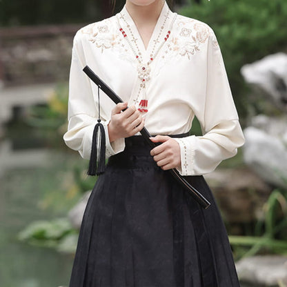 Elegant V-neck Long Sleeve Shirt Vintage Print Pleated