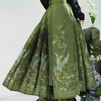 Elegant V-neck Shirt Vintage Print Pleated Skirt - Green / M