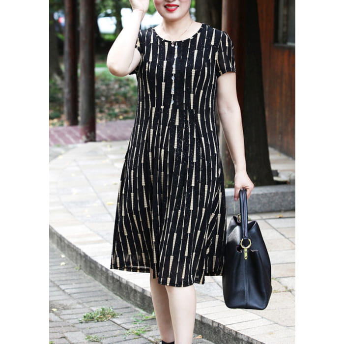 Elegant Yellow O-Neck Striped Long Dress Short Sleeve