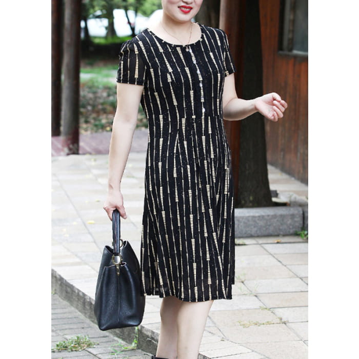 Elegant Yellow O-Neck Striped Long Dress Short Sleeve