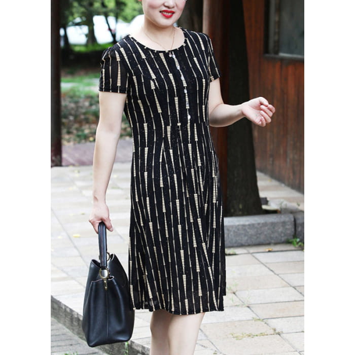 Elegant Yellow O-Neck Striped Long Dress Short Sleeve