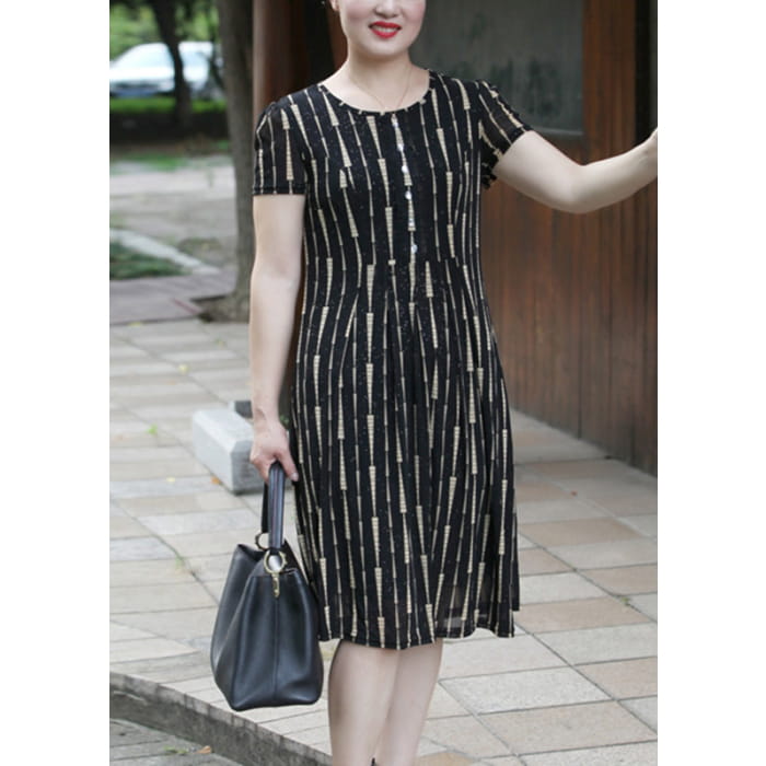 Elegant Yellow O-Neck Striped Long Dress Short Sleeve