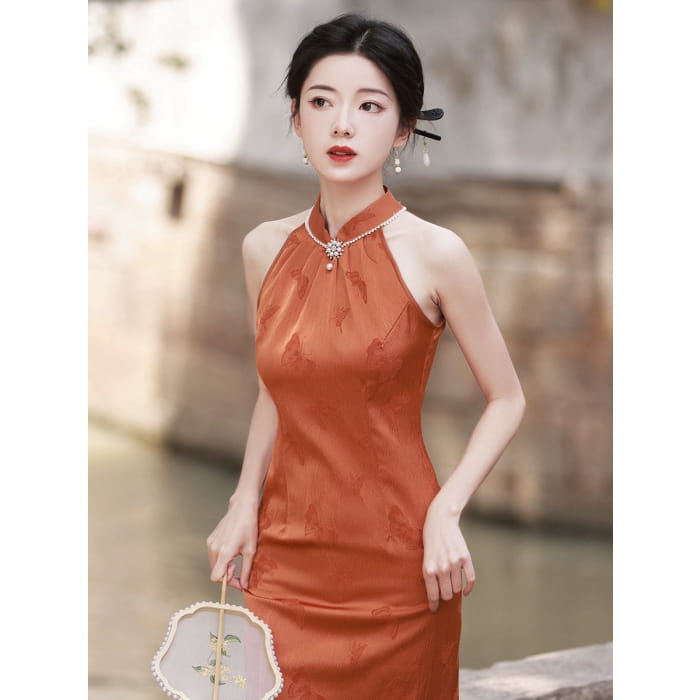 Embodies Elegance Orange Cheongsam - Female Hanfu