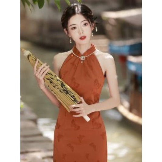 Embodies Elegance Orange Cheongsam - S - Female Hanfu