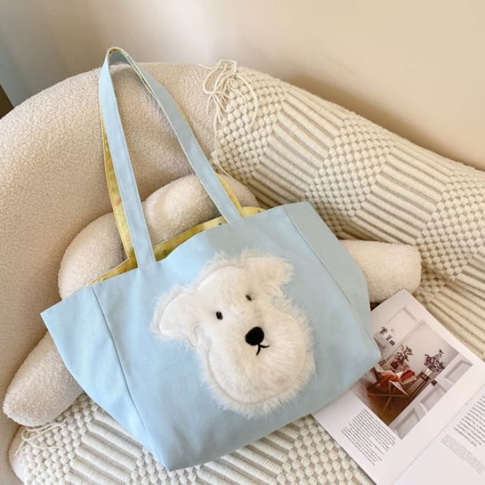 Embroidered Canvas Tote Bag - Dog - Blue / One Size