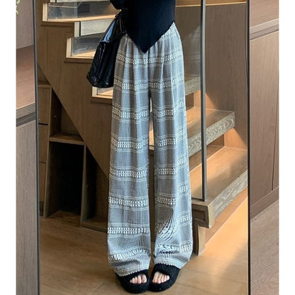 Embroidered Plaid High Waist Wide Leg Drape Pants