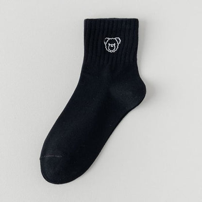 Embroidered Socks Set - of 2 Pairs - Bear - Black / One Size