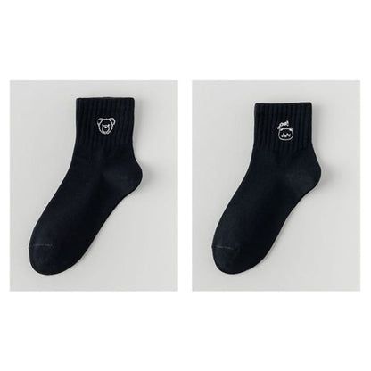 Embroidered Socks Set - of 2 Pairs - Bear & Cat - Black