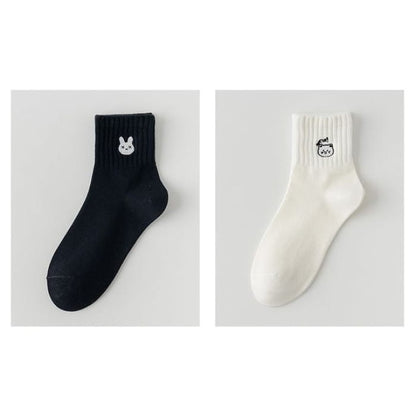 Embroidered Socks Set - of 2 Pairs - Rabbit & Cat - White