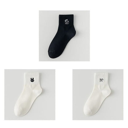 Embroidered Socks Set - of 3 Pairs - Cat & Rabbit Eye