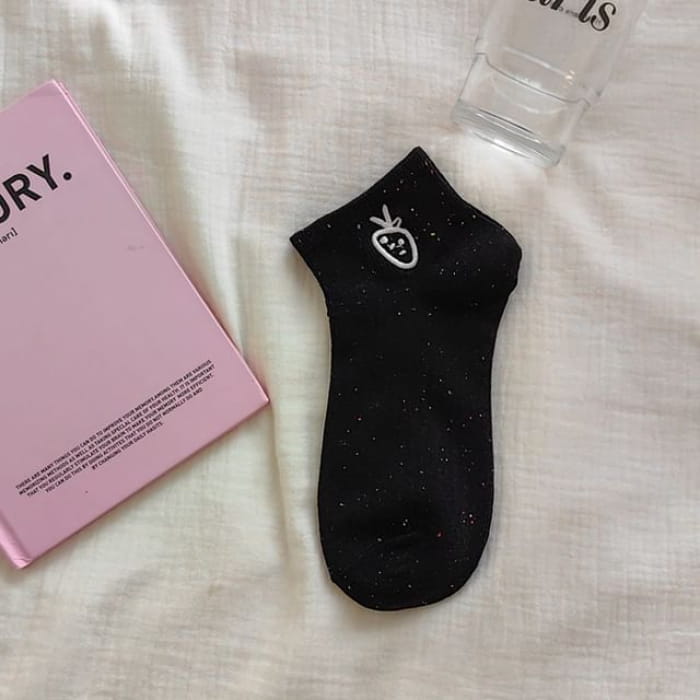 Embroidered Socks - White Strawberry - Black / 35 To 40