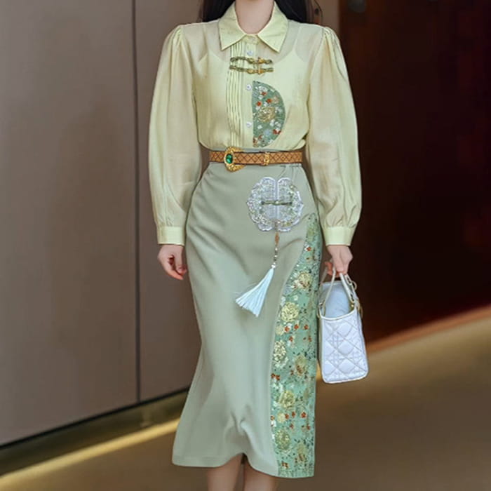 Embroidery Long Sleeve Shirt Splicing Skirt Set