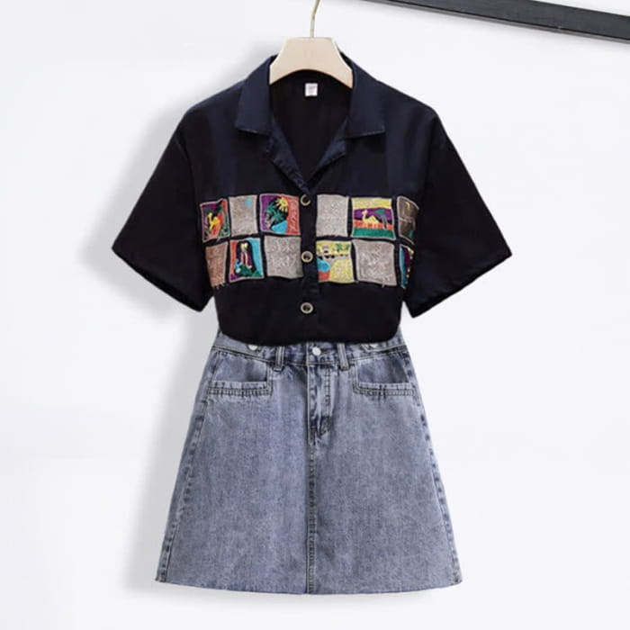 Embroidery Loose Laple T-Shirt Denim Skirt