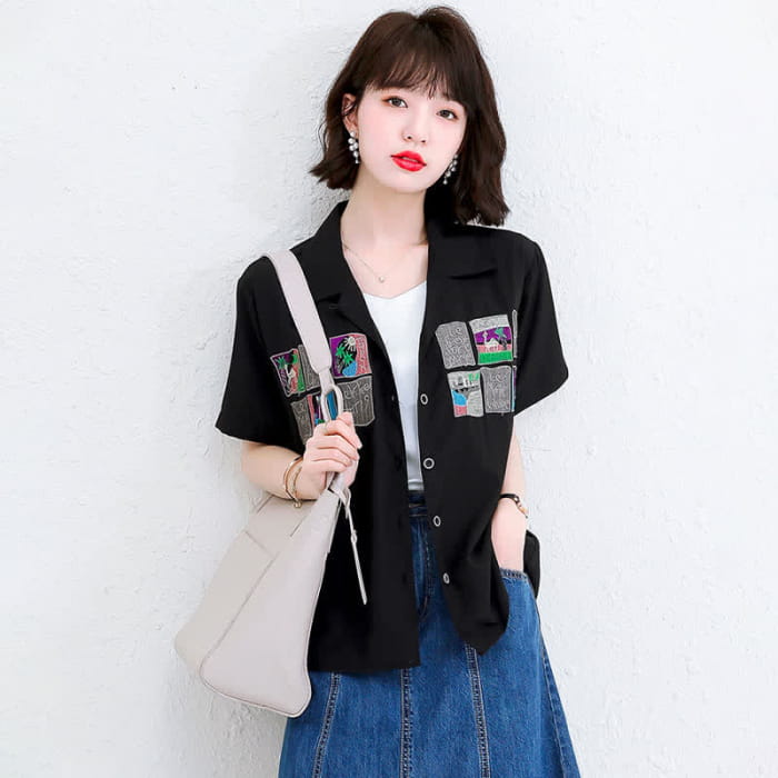 Embroidery Loose Laple T-Shirt Denim Skirt