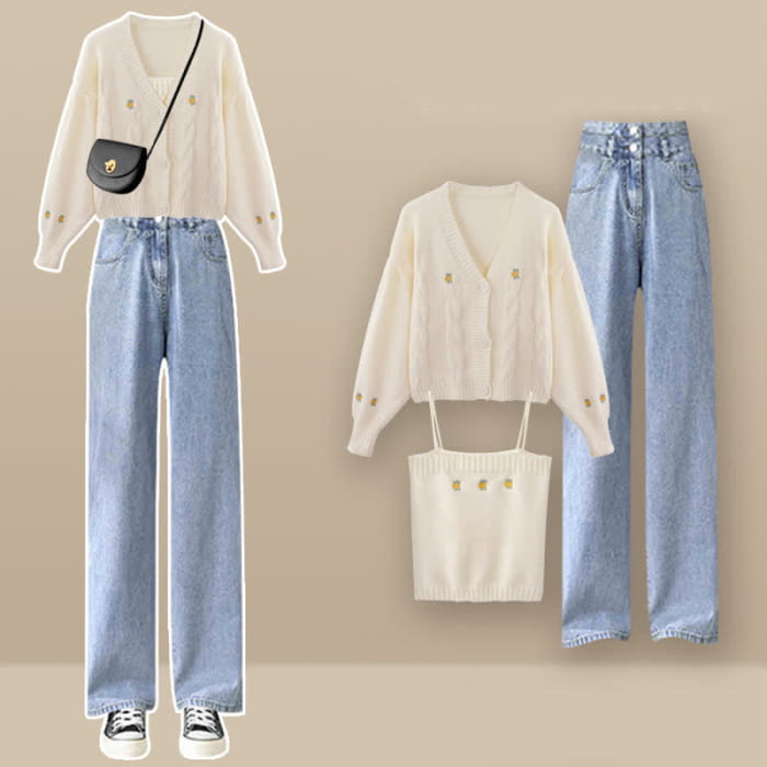 Embroidery Top Cardigan Blue Denim Pants Set - M