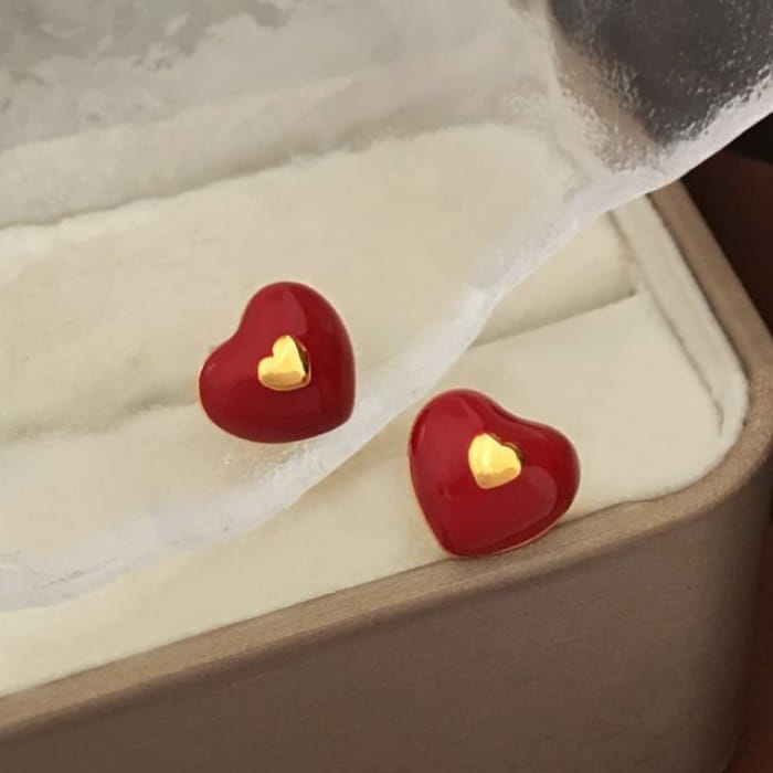 Enamel Heart Stud Earring - 1 Pair - Red / One Size