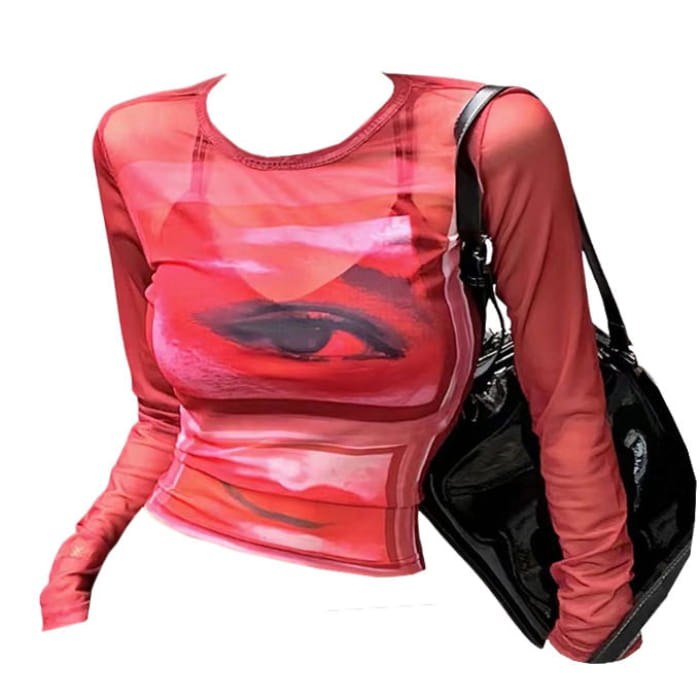 Eye and Lips Print Mesh Red Top - S / Tops