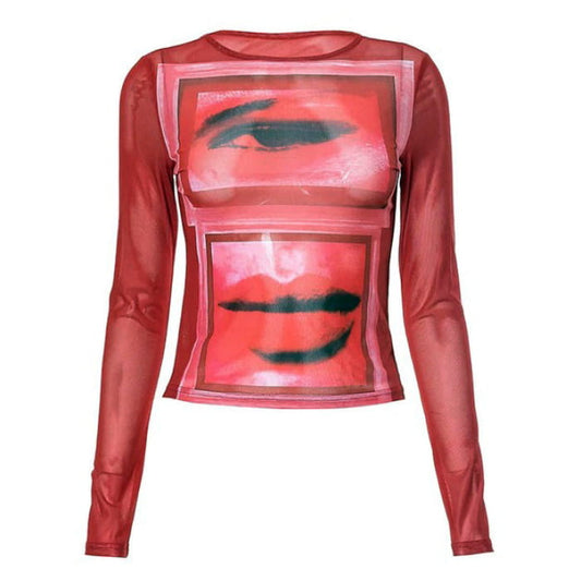 Eye and Lips Print Mesh Red Top - Tops