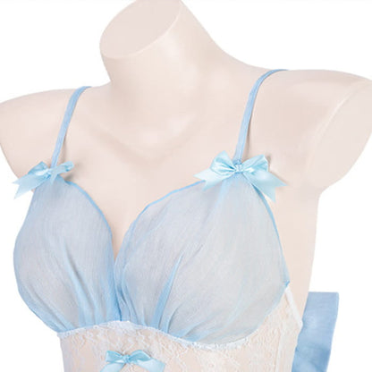 Fairy Blue Maid V-neck Slip Lingerie Dress Stockings Set