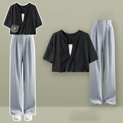 Fake Two Pieces Crop Top T-Shirt Casual Pants Set - D / M