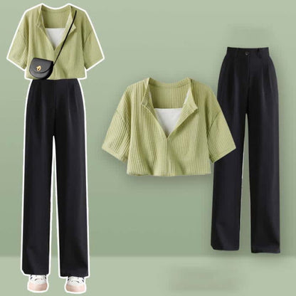 Fake Two Pieces Crop Top T-Shirt Casual Pants Set - I / M