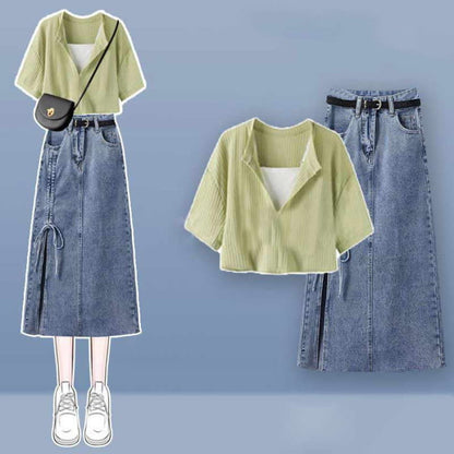 Fake Two Pieces Crop Top T-Shirt Split Denim Skirt - Green