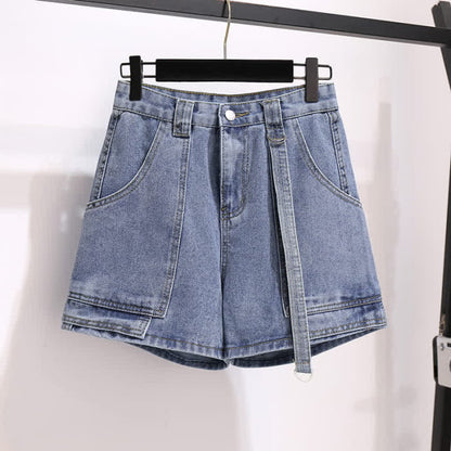 Fake Two Pieces Lapel T-Shirt Pocketed Denim Shorts - M