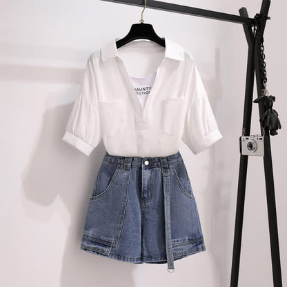 Fake Two Pieces Lapel T-Shirt Pocketed Denim Shorts - White