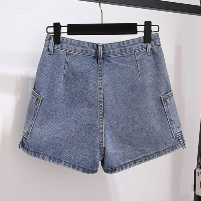 Fake Two Pieces Stripe Lapel T-Shirt Pocketed Denim Shorts