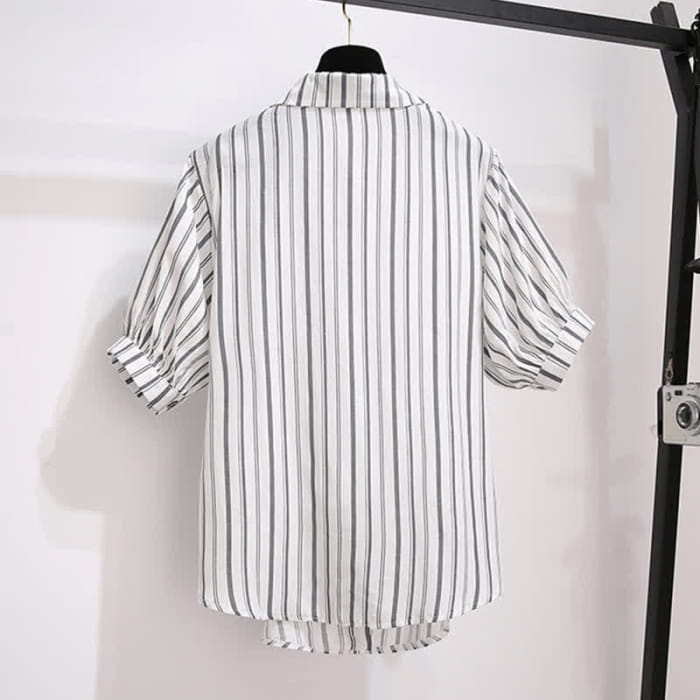 Fake Two Pieces Stripe Lapel T-Shirt Pocketed Denim Shorts