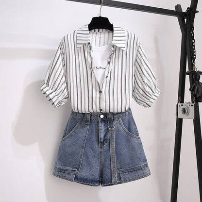 Fake Two Pieces Stripe Lapel T-Shirt Pocketed Denim Shorts